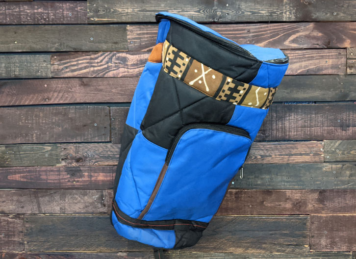 Handmade Padded Djembe Carrying Bag - Blue/Black with Brown Trim
